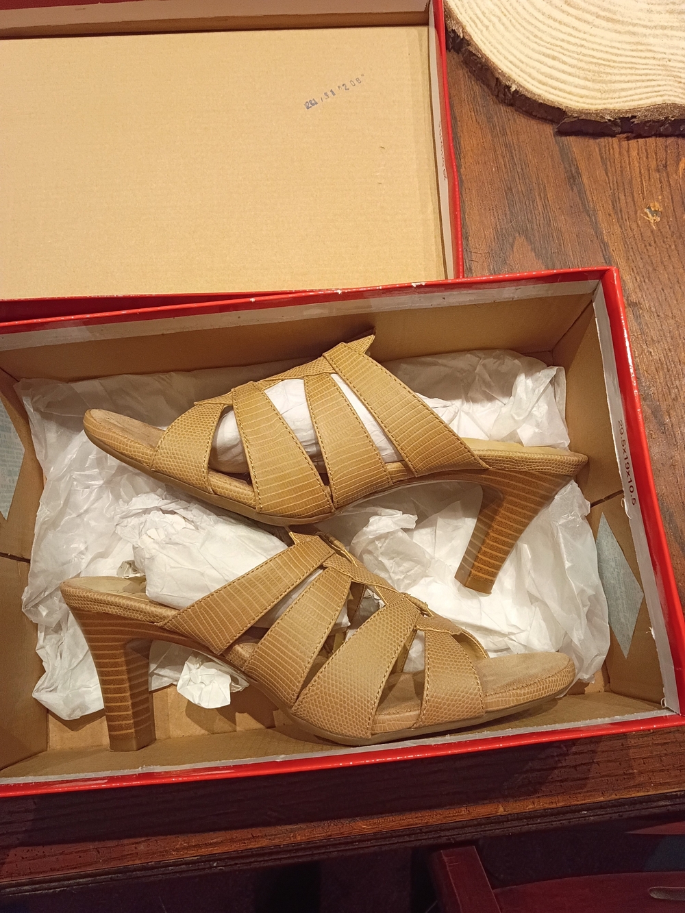 AEROSOLES Tan Strappy Mid-Heel Mules